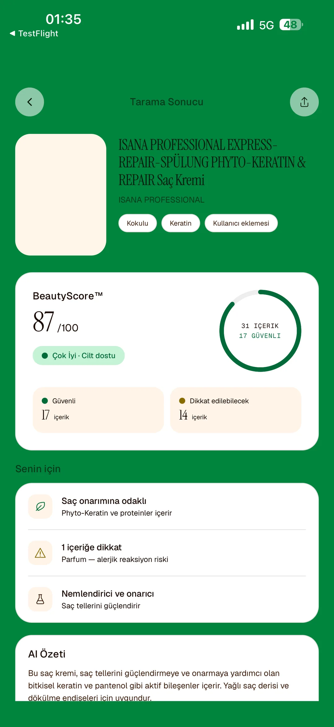 BeautyScanner app screen