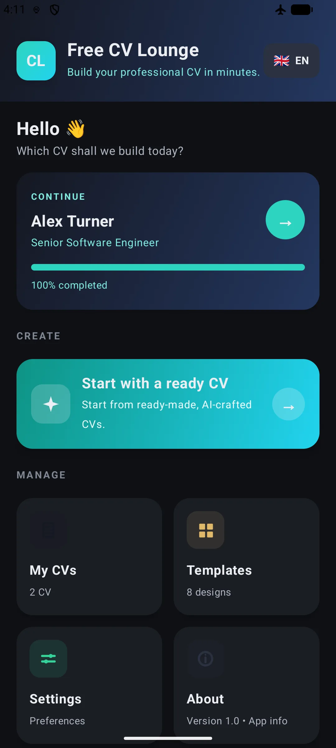 CV Lounge app screen